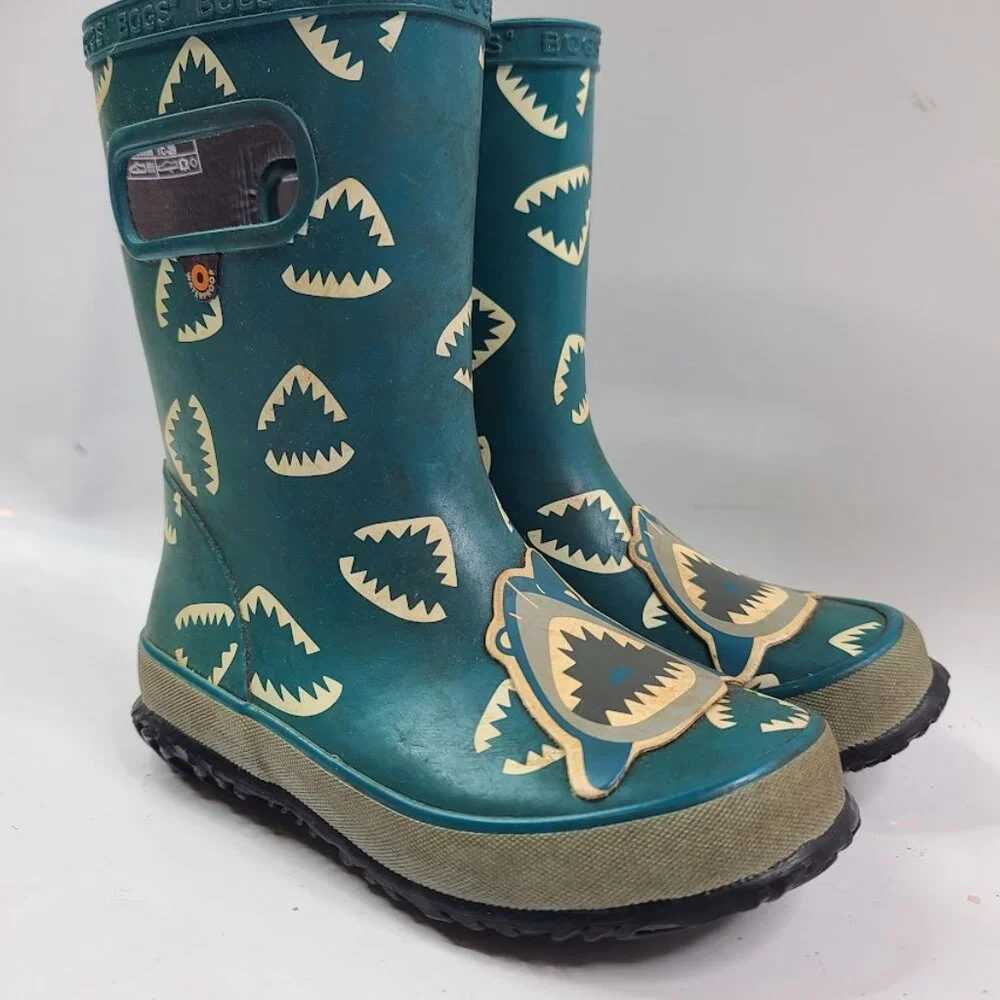 Bogs‎ Girl's Green Animal Shark Rubber Handle Mid-Calf Rain Boots Size 12